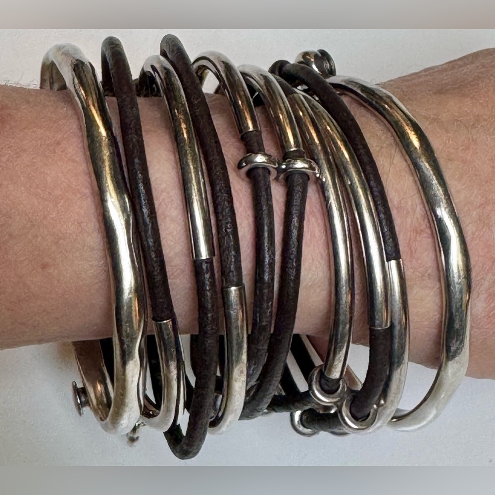 UNO De 50 Silver plated Dark Brown Leather 10 connected stacked Bracelets sz S